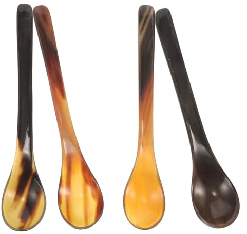 PACKOVE Cucharas de Miel de Cuerno Natural 4 Piezas Mango Largo 18 Cm para Café, Té Helado y Postre Reutilizables, Cucharillas de Café y Aperitivo para Utensilios de Cocina
