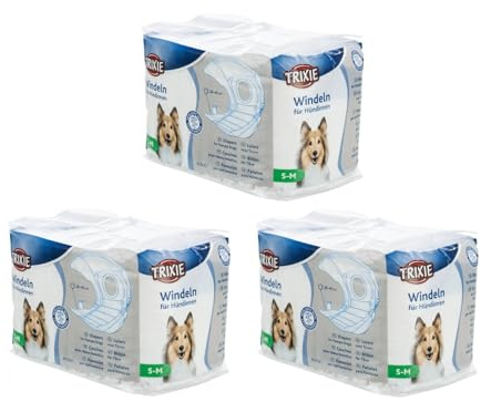 TRIXIE Pannolini per Cani Femmina, Incontinenza e Calore, con Fascia Elastica e Chiusure Adesive, Apertura per Coda, Confezione da 12 Pezzi (S-M (28-40cm), 1, unità)