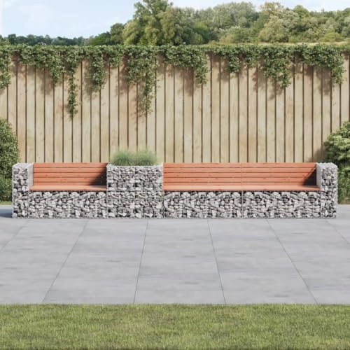 Teenpull Garden Bench with Gabion Basket, Solid Douglas Wood Outdoor Seating, Weatherproof Galvanized Steel Base for Patio, Park, Backyard