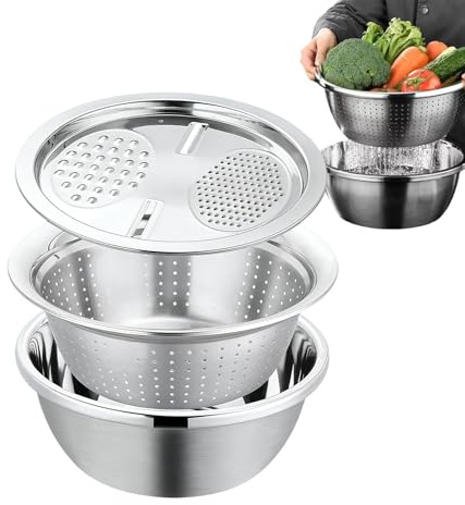 Set di Passino e da Cucina - Cestello Scolapasta Multiuso con Grattugia - Scolaliquidi in Acciaio | per Casa, Cucina, Stile Rustico, Bar, Ristorante, Sala