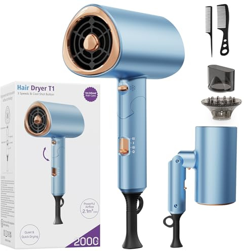 Ionic Hair Dryer 2000W Fast Drying with Diffuser & Concentrator, Blue | 2000W Fast Drying, Negative Ion Care, Foldable Design, Diffuser, Concentrator, Home, Travel Use
