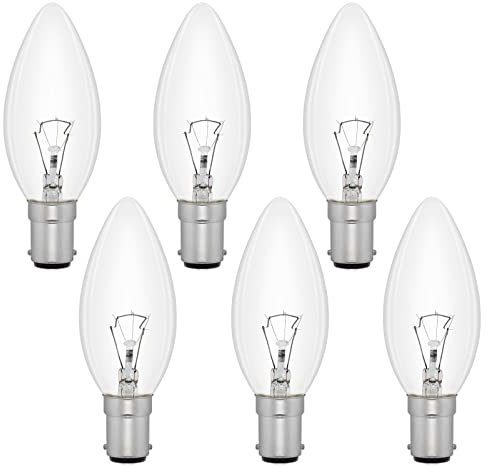 6 Pack SBC B15 Small Bayonet Clear Candle Bulbs, Dimmable C35 Candle Bulb, Warm White 2700K, 400LM, AC 230V, Small Bayonet Cap Light Bulb, Vintage Bulbs for Chandeliers, Desk Lamp, Ceiling Fixture