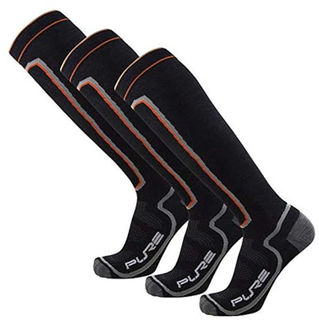 Pure Athlete Ultra Light Ski Socks – Thin Premium Merino Wool Skiing for Men, Women – Snowboard (Large, 3 Pairs - Black)