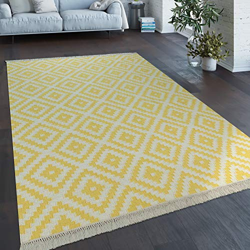 Paco Home Tapis Tissé Main Tendance Moderne Design Marocain Franges Blanc Jaune, Dimension:120x170 cm