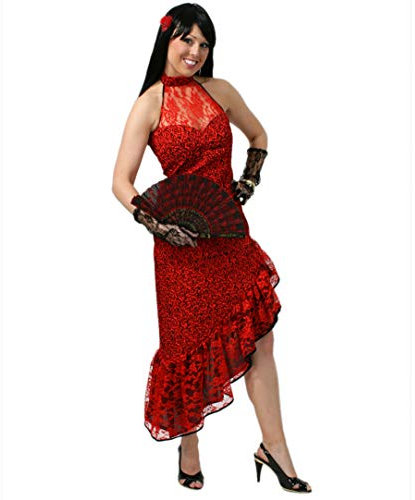 KarnevalsTeufel Damenkleid Spanierin in rot leicht durchsichtiger Ausschnitt mit Halsband spanischer Stil Tanzkleid Flamenco (44)