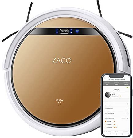 ZACO V5x Robot aspirateur laveur connecté pour poils animaux tapis parquet sols durs, Aspirateur robot laveur autonome sans fils avec Wifi, app, alexa, télecommande, 8.1cm plat, 120min, silencieux