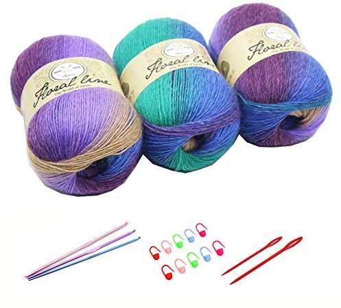 YAMEE 3 Stück 100 g Handstrickgarn farbverlauf wolle zum stricken Farbverlaufswolle Häkelgarn Stricken Hand Gestrickt Garn Weberei Garn mit Häkelhaken und Häkelgarn Set