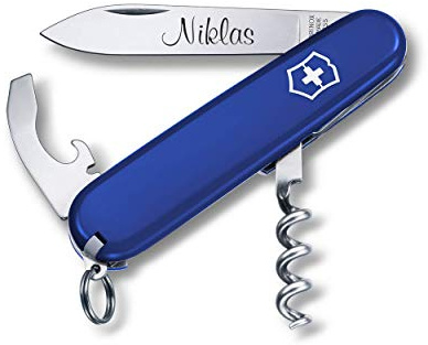 Taschenmesser WAITER mit Wunsch Gravur auf der Klinge I Geschenk für Männer Frauen I zum Geburtstag I Schweizer Taschenmesser personalisiert mit 9 Funktionen 0.3303 (blau)