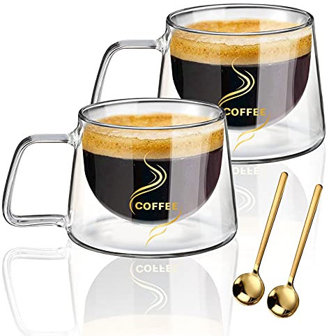 KAMEUN Tazas de Café de Cristal, 2 * 200Ml Vasos de Doble Pared con Asa Trae 2 Cucharas,Taza de Vidrio Borosilicato para Té, Café con Leche, Capuchino, Espresso, Jugo, Agua