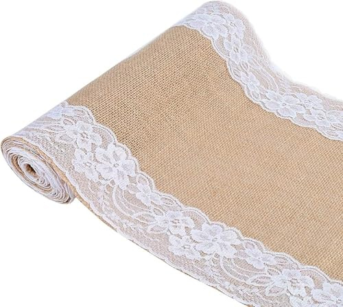 JIUERYY Spitze natürliche Jute Tischläufer Hochzeit Dekoration-30*275CM