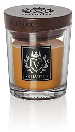 Vellutier Duftkerze Spiced Pumpkin Soufflé, Kerze im Glas, Spezialrezeptur aus Samtigen Wachs, Verpackt in Hochwertigem Glas mit einem Holzdeckel, Mandel- und Zimt-Aroma, 9 x 7 cm, Klein, 90g