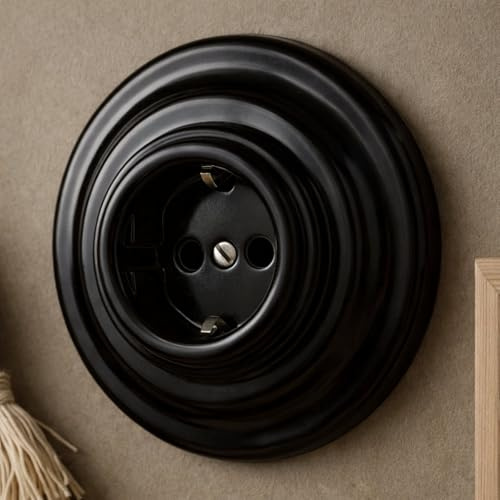 Unterputz Porzellan Retro Steckdose, All-in-One, Serie PR1 schwarz