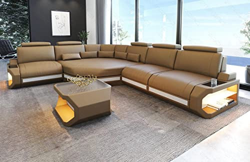 Ledersofa Asti als L Form Sofa in Leder mit Kopfstützen und LED Beleuchtung (Ecke Links, Sandbeige-Weiss)