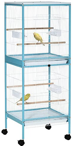 PawHut Gabbia per Uccelli 2 in 1 Voliera per Interni con 4 Ruote Girevoli, Vassoi Estraibili e Contenitori in Plastica, 51.5x50x140 cm, Azzurra