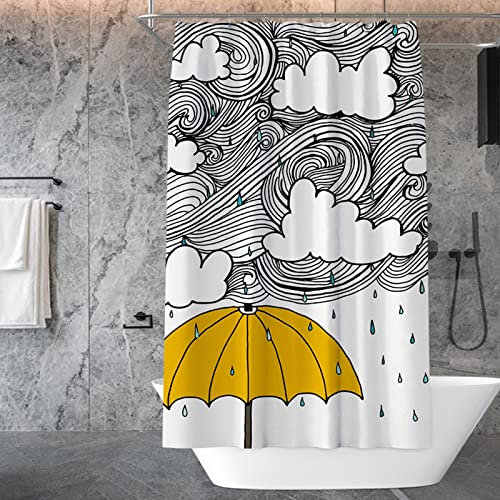 Cortina de baño, Cortina de Ducha de poliéster 200x180cm Cielo Amarillo Nubes Paraguas Patrón de Lluvia Cortina de Ducha a Prueba de Moho