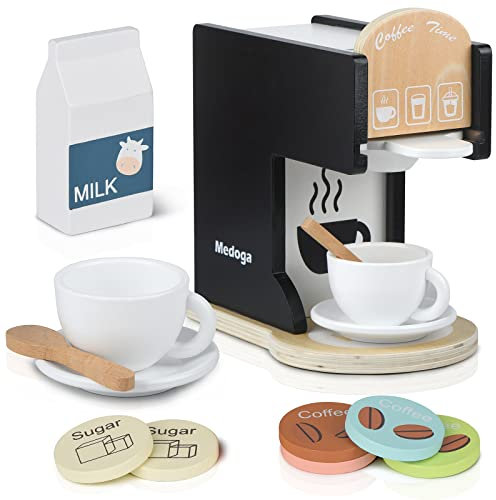 Play Kitchen Accessories Kids Wooden Coffee Maker Toy Espresso Machine Toddler Toy Kitchen Sets for Girls and Boys (black)