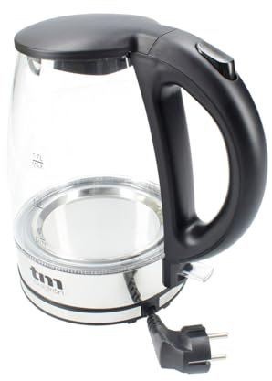 TM Electron TMPKT014 Wasserkocher mit 1,4 Liter Fassungsvermögen, 2200 W, aus Borosilikatglas und Stahl, Strix-Thermostat, blaues LED-Licht im Inneren, 360° Sockel