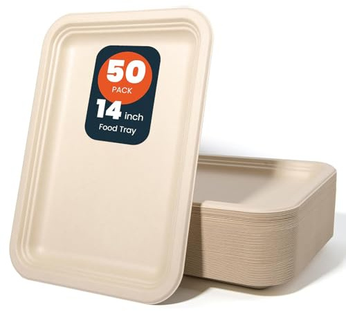 hooray mida 50 Pack 14-Inch Heavy-Duty Compostable Food Trays | Extra Large Disposable Platters for BBQ, Seafood Boils, Catering & Holidays | Eco-Friendly Paper Serving Trays