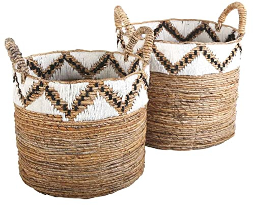 RAJA Lot de 2 corbeilles tressées L&M avec bordure ronde en feuille de bananier | Boho Chic Panier à linge Panier à fruits et légumes Panier naturel avec anse HAR0033