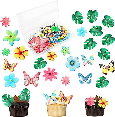 Ticeed 148 PCS Tapas para Tartas Hojas de Palma&Flamenco u Mariposa&Flores Decoración de Tarta Adornos de Cupcakes para Bodas TemáTicas, Fiestas, Verano De Selva Hawaiana