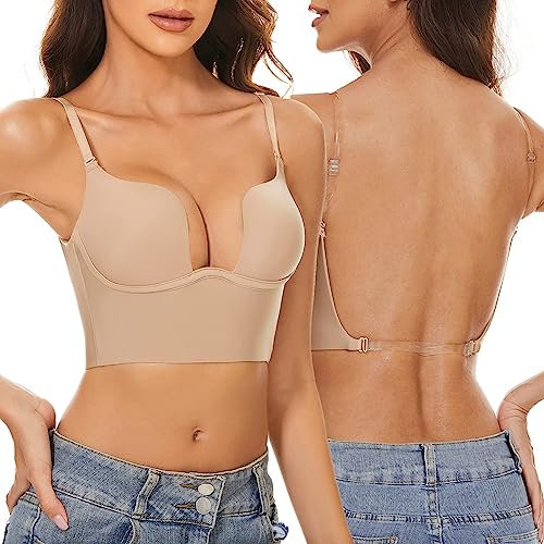 Angxiwan Women Low Back Bras Convertible Push Up Deep Plunge Bra Seamless U Shape Back Multiway Padded Backless Bra Plunge Bralette for Front Low Cut Dress Beige