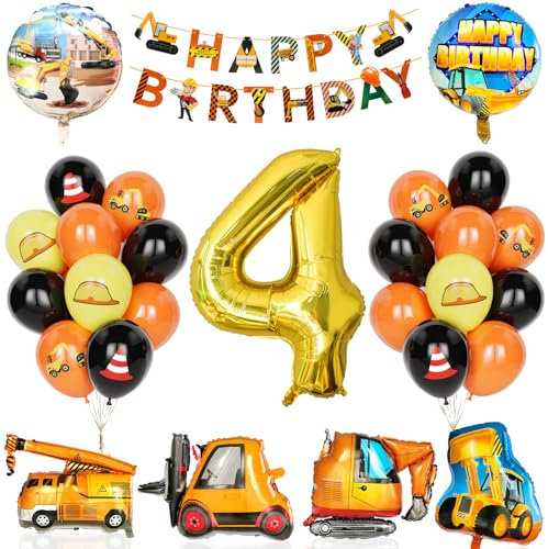 Decoration Anniversaire Chantier 4 Ans, 29Pcs Fournitures Fête Construction Avec Bannière, Ballon Numéro 4 Avec Bulldozer Grue Chariot Élévateur Ballons Pelle Pour Garçons Enfant Fête Construction