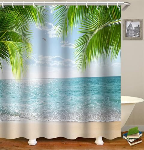 Duschvorhang Strand Meerblick 240x180cm, Gewichteter Saum, Schnell Trocknend Polyestergewebe Badezimmerzubehör, Waschbar Bad Vorhang Bohemien Shower Curtain mit Haken, für Badewanne/Dusche W-430
