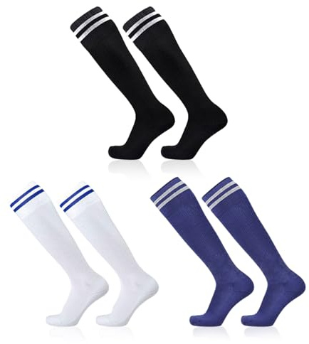 SKHAOVS 3 Paia Calzettoni Calcio Lunghi Bambino, Calzini Sportivi Alti Ginocchio per Ragazzi Ragazze, Calze da Calcio Basket Hockey Rugby, Calzini da Allenamento per 5-12 Anni (Black,White,Dark Blue)