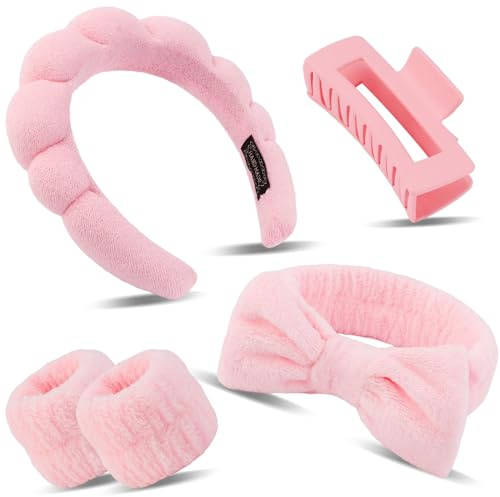 Stirnband, Stirnband Handgelenk Waschband Set, Damen Spa Haarband Haarband, Handgelenk Spa Waschband, Haarspangen Quadratisch, für Hautpflege, Gesichtsreinigung, Dusche (Rosa)