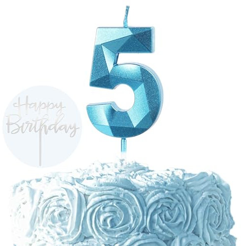 Ronoza 3D Blau Geburtstagskerzen Zahlen 5, Glitzer Kerzen Geburtstag, Geburtstagskerzen für Torte, Kerze 5, Kerzen Zahlen, Tortendeko Geburtstag (mit Silber Happy Birthday Cake Topper)