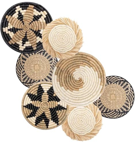 XJKLBYQ Hanges gewebter Wandkorb Set, Boho -Korb Wanddekoration, 7pcs Hängende Wicker Wanddekoration, 4 Größen rustikales Bauernhaus Wanddekor, Schlafzimmer Wanddekor für Esszimmer Wohnzimmer