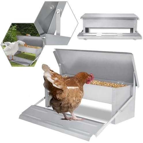 Automatischer Hühnerfutterautomat mit Trittfunktion, selbstöffnend, 5 kg Hühnerfutterautomat, rattensicher, for Hähne, Fasane und Enten, Hühnerstall im Freien
