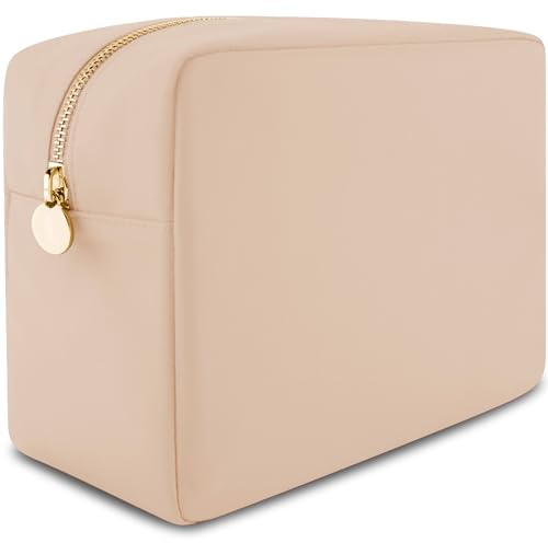 DANCOUR Large Beige Nylon Makeup Bag, Travel Makeup Organizer, Cosmetic Case