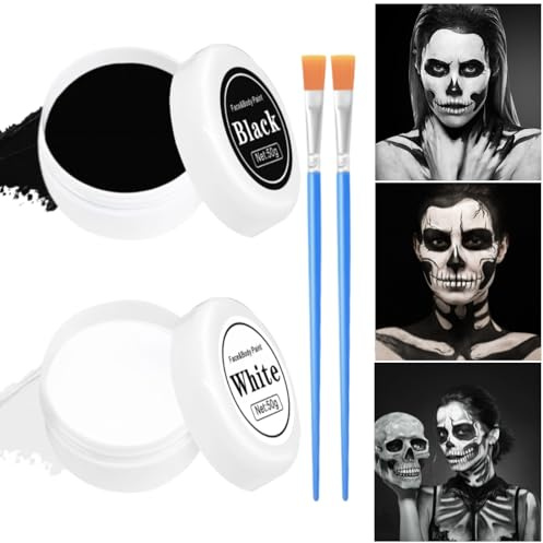 IWTBNOA Halloween Schminke Set, Face Paint Schwarz Weiß mit Makeup Pinsel, Halloween Make up Set, Halloween Gesichtsfarbe, Clowns Zombie Vampire Skelett Makeup für Halloween Fasching Karneval Cosplay