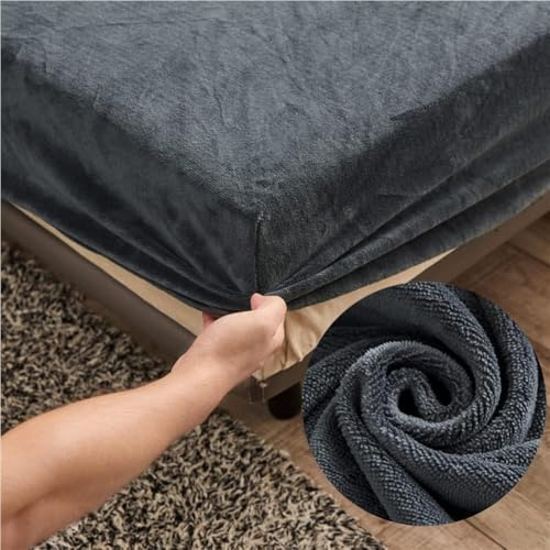 Samt Spannbettlaken 140x200 cm Warm Winter Frottee Spannbetttücher, Highdi Microfleece Flausch Dunkelgrau Spannbetttuch 140 x 200 Boxspringbett Bettlaken für Hohe Matratze Steghöhe 25-30cm