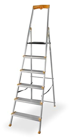 DRABEST Stege 6 steg hopfällbar - Aluminiumstege - Stabil hopfällbar stege med hylla och breddsteg - 120 mm, Halkfri - Stege för hushållsbruk och arbete - upp till 150 kg