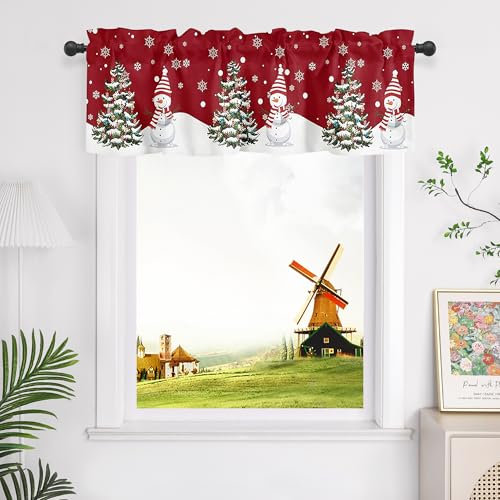 CORLIF 1 Stück Scheibengardinen Blickdicht Kurzstores Modern Küchengardinen für Weihnachten Fenstergardinen mit Schneemann und Baum Muster Breite/Höhe 175/45 cm, Rot