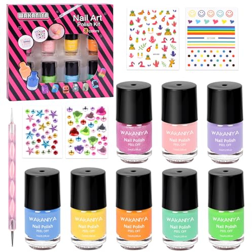 wakaniya Kids Nail Polish Set for Girls, 8 Rainbow Colors Non Toxic Quick Drying Water Base Nail Polish with Diamond Stickers, Low Odor Peel Off Mini Nail Varnish Kit for Kids Toddlers 3+