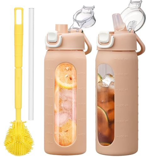 HYDRAGLAZIC 600 ml dricksflaska glas med sugrör, glasflaska med halkfritt silikonfodral, bred öppning, läckagesäker för kaffe och vattenflaska, BPA-fri, bärnsten