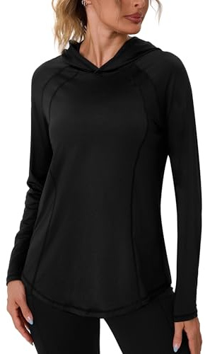 Terecey Maglia Sportiva Donna a Maniche Lunghe per Running | Tessuto in poliestere ed elastan, Slim Fit, UPF 50+, leggero con cappuccio per running, yoga e fitness.