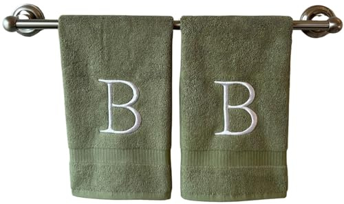 Sage Initial Hand Towel for Bathroom - Monogrammed Luxury Hotel Quality Decorative Embroidered Towel for Powder Room, Spa - GOTS Organic Certified - Set of 2 Letter B