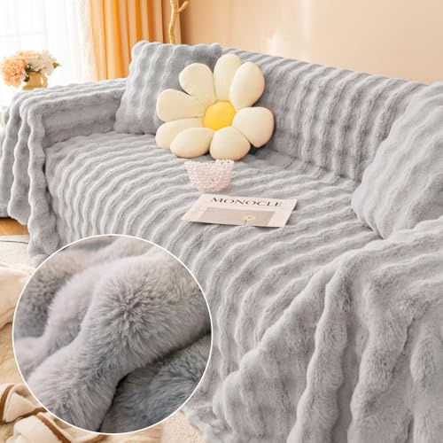 FANSU Plüsch Sofabezug 1 2 3 4 5 Sitzer, Antirutsch Winter Wärme Weich Sofaüberwurf Decke Ecksofa Couch Bezug Sofaschoner Sofa Decken Einteiliger Couch Überwürf (2 Sitzer Plus(180x260cm,Grau)