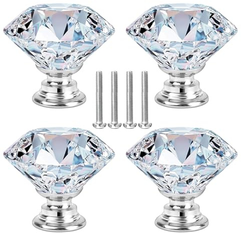 Gurfzcyuoo Crystal Knobs, 20mm Diamond Drawer Cabinet Door Pull Crystal Door Handles with Lengths of Screws for Cupboards Wardrobes Drawers Home Decoration(Silver) (20mm)