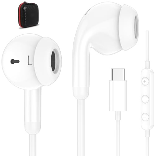 USB C Headphones USB Type C Earbuds for Google Pixel 9a/iPad 10th Gen White | Wired Earphones with Mic Volume Control Noise Isolating HiFi Stereo Headset for iPhone 17 16 15/Samsung Galaxy A16 S26 S25