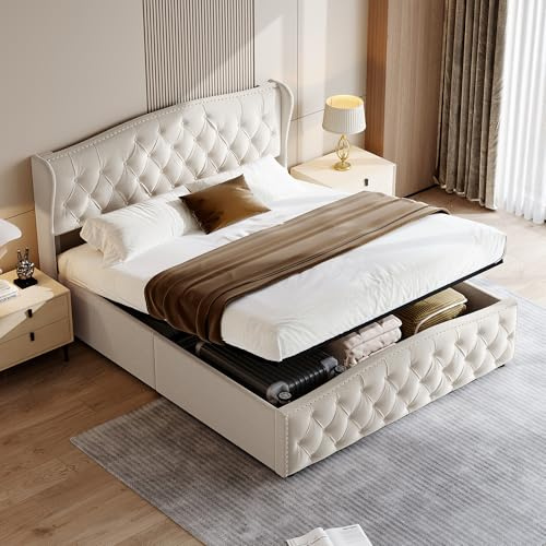 Hydraulisch Stauraumbett 160x200 cm, Samt Polsterbett Doppelbett mit Bettkasten und Lattenrost, Jugendbett Boxspringbett mit Stauraum, Funktionsbett Rückenlehne Bettgestell, Ohne Matratze (Beige)
