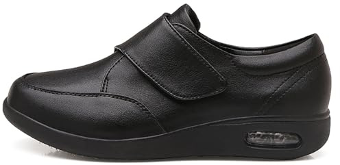 GYCF Chaussure Diabétiques Orthopedique Cuir,Baskets De Orthopédiques Marche en Cuir,Léger Âgées Chaussures Très Larges pour Les Pieds Gonflés De L'arthrite,Noir,39EU