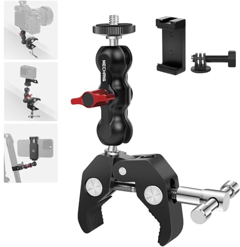 Mechrig Camera Clamp Mount with Dual Ballhead Magic Arm, Aluminum Camera Mount Super Clamp Kit for DSLR Action Camera/Phone/Monitor/LED Light/Microphone, for Desk/Tripod/Tube/Crossbar (SY001)