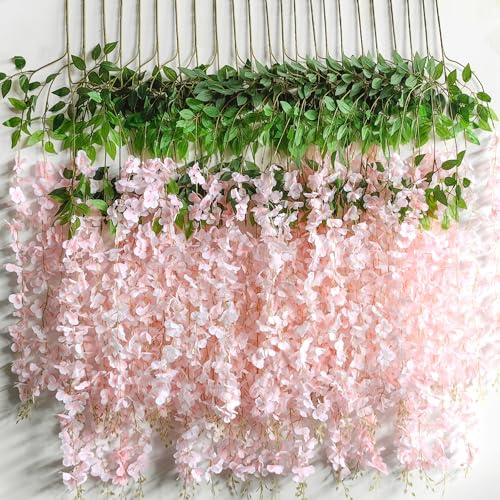 HanYun 6 Stück Künstliche Glyzinien Blumen, Künstliche Blumen Blumengirlande Kunstpflanzen Hängende Girlande Seidenblumen für Zuhause Party Hochzeit Boho Dekoration (Rosa-Dicht)