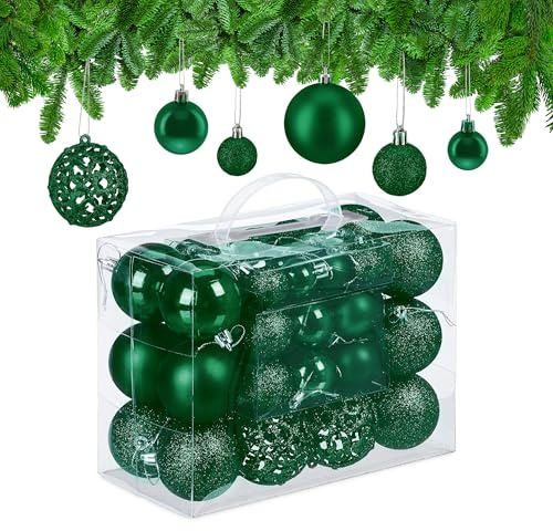 Relaxdays Julgranskulor set om 50 glittrande, matta och glänsande julgranskulor, plast, 3, 4 och 6 cm, mörkgrön