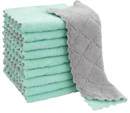 Lotnery Dish Cloths 10 Pack, Green & Grey Waffle Weave Double-Sided Microfibre Cloths for Kitchen Cleaning, Super Absorbent Reusable Dish Towels, Quick Drying Non-Scratch Cleaning Cloths, 27×16 cm